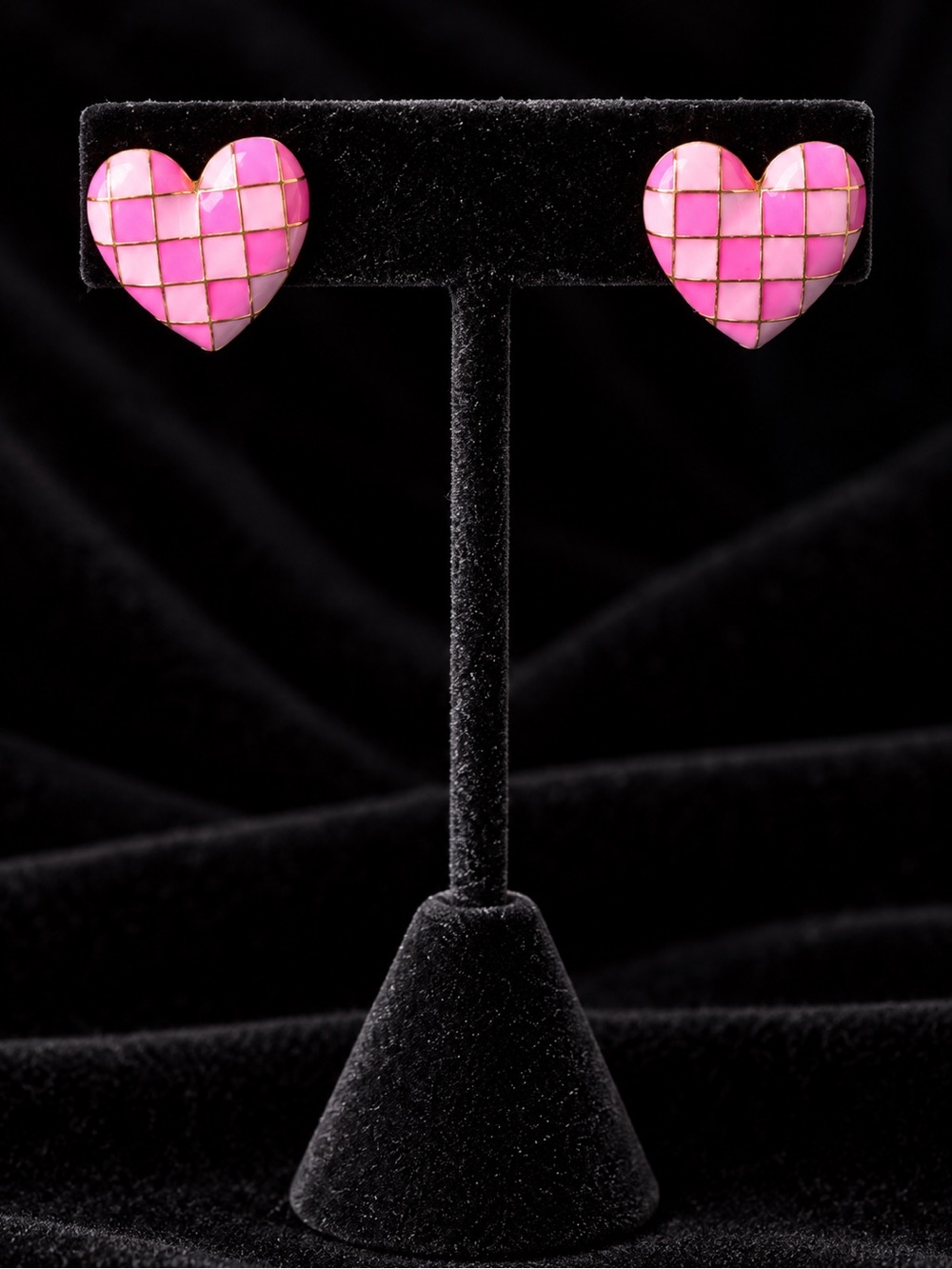 Pink Enamel Checkerboard Heart Stud Earrings